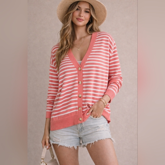 NWOT!! Cyrus | Chic Coral Striped Cardigan, Size M - Picture 1 of 7
